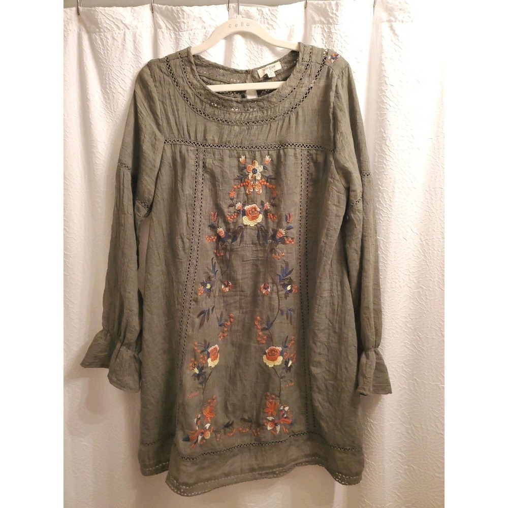 UMGEE Boho Floral Women Sz M Embroidered Waterfall Bell Sleeve Tunic Dress Olive